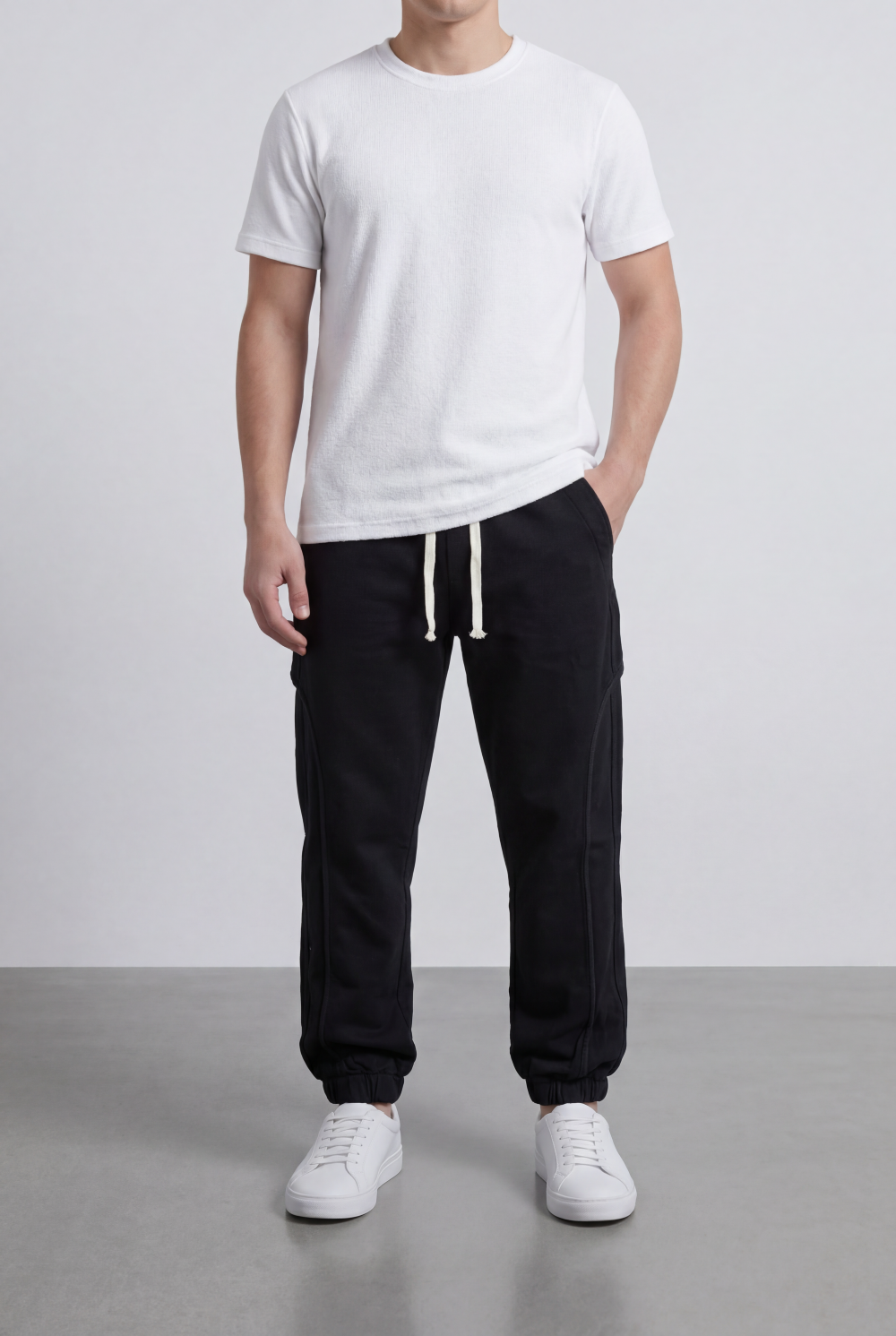 Men’s Tomato Store Modern Sarouel Jogger Elastic Drawstring Waist Streamlined Panel Seam Detail