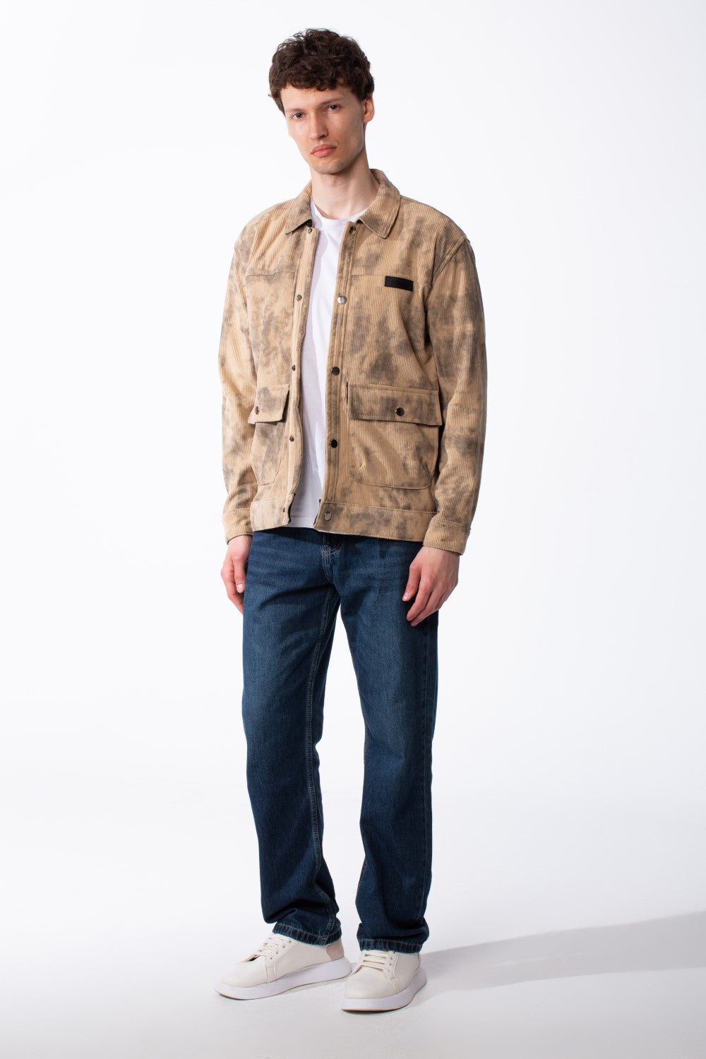 Men's Long Sleeve Classic Neck With Marble Pattern Flap Closure Chest Pockets Textured Ripped Fabric Slim Fit Jacket