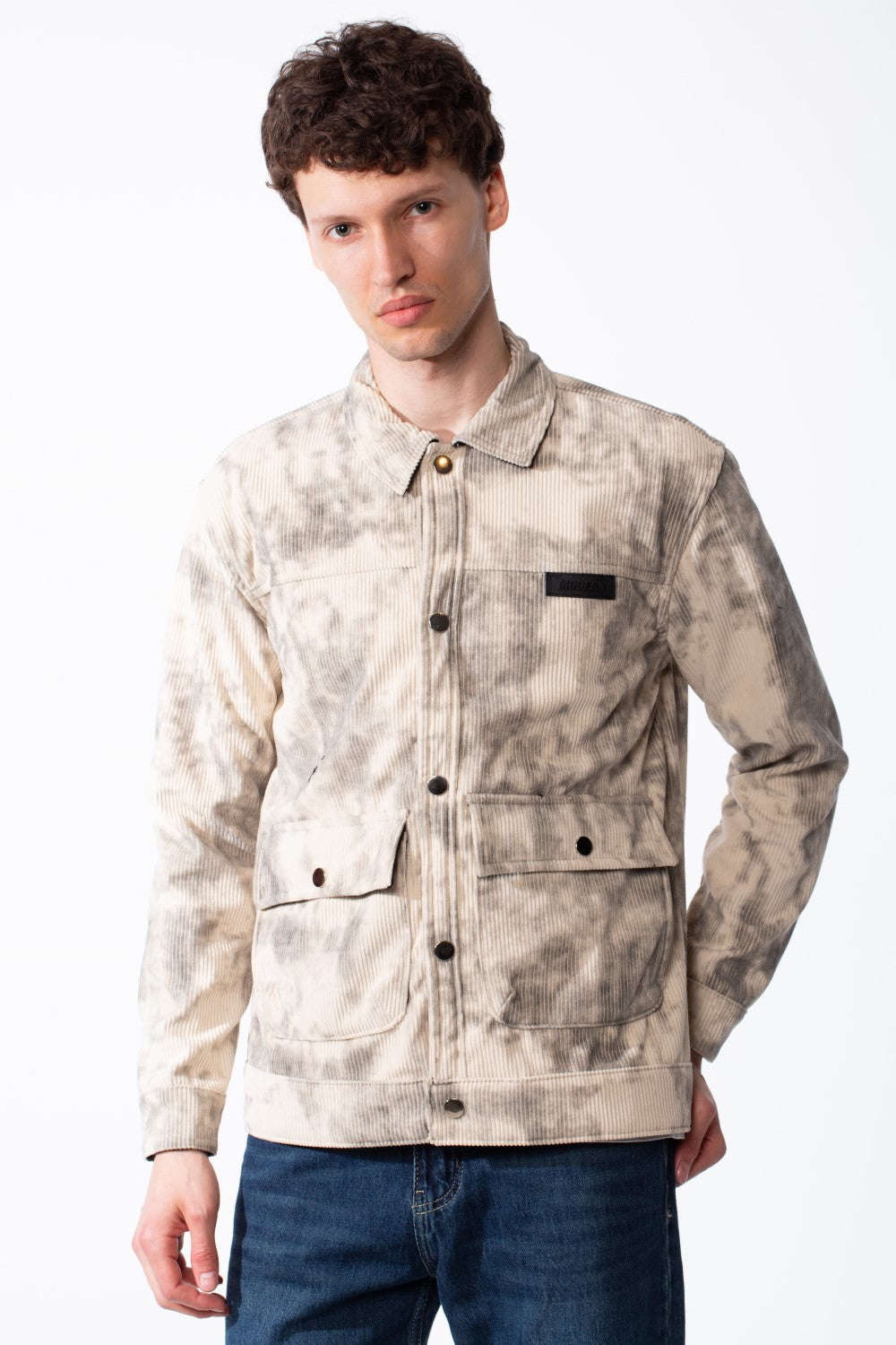 Men's Long Sleeve Classic Neck With Marble Pattern Flap Closure Chest Pockets Textured Ripped Fabric Slim Fit Jacket