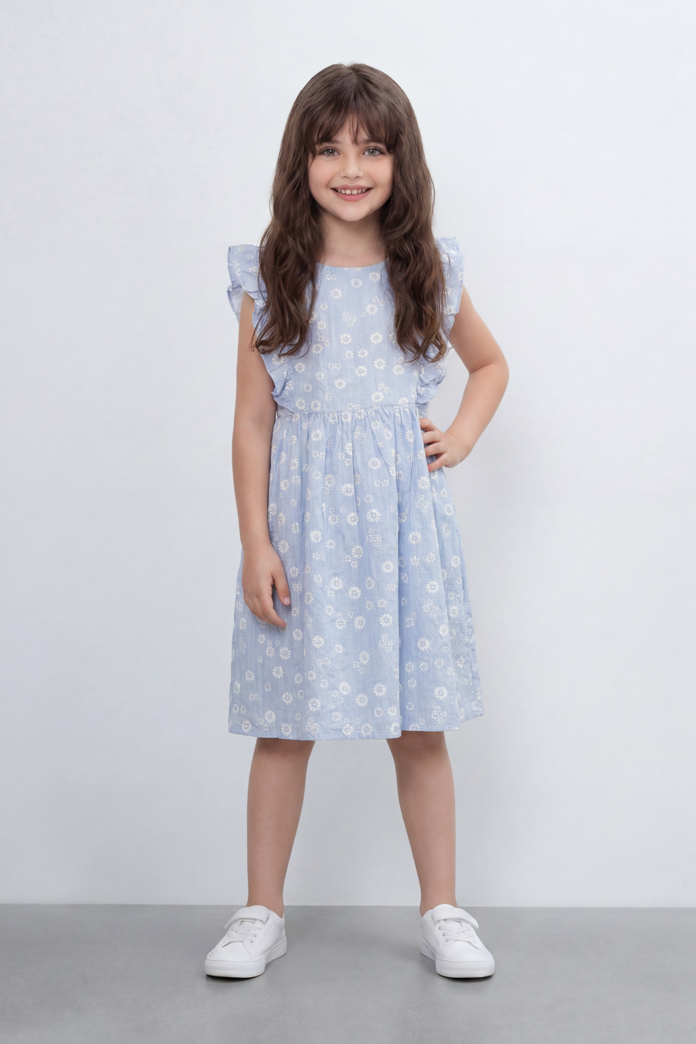Girl's Tomato Store Meadow Bloom Tie Back Dress With Seersucker Woven Texture Allover Daisy Floral Print Front And Back