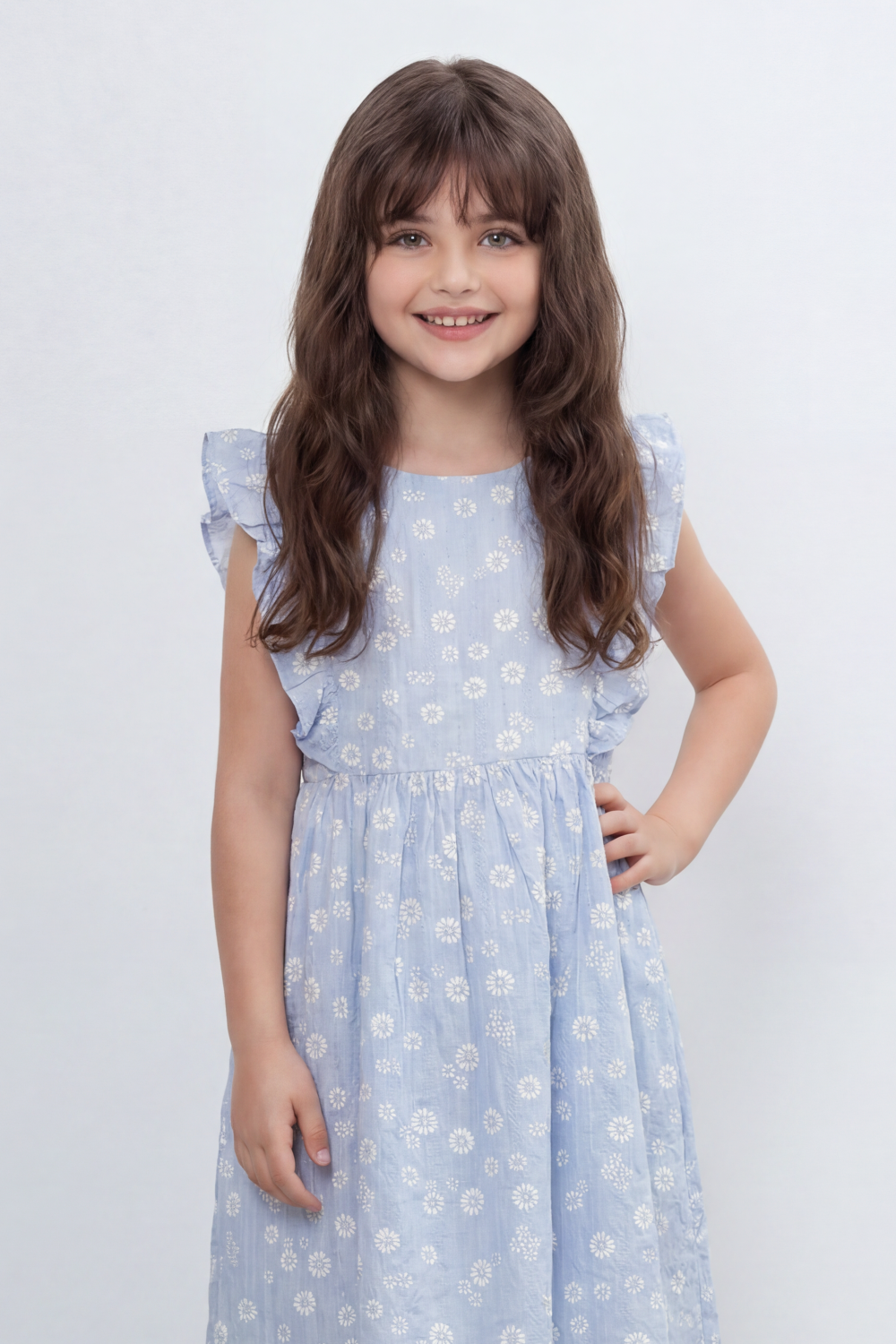 Girl's Tomato Store Meadow Bloom Tie Back Dress With Seersucker Woven Texture Allover Daisy Floral Print Front And Back