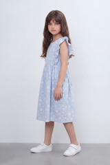 Girl's Tomato Store Meadow Bloom Tie Back Dress With Seersucker Woven Texture Allover Daisy Floral Print Front And Back