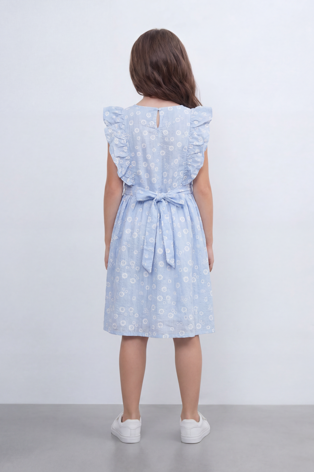 Girl's Tomato Store Meadow Bloom Tie Back Dress With Seersucker Woven Texture Allover Daisy Floral Print Front And Back