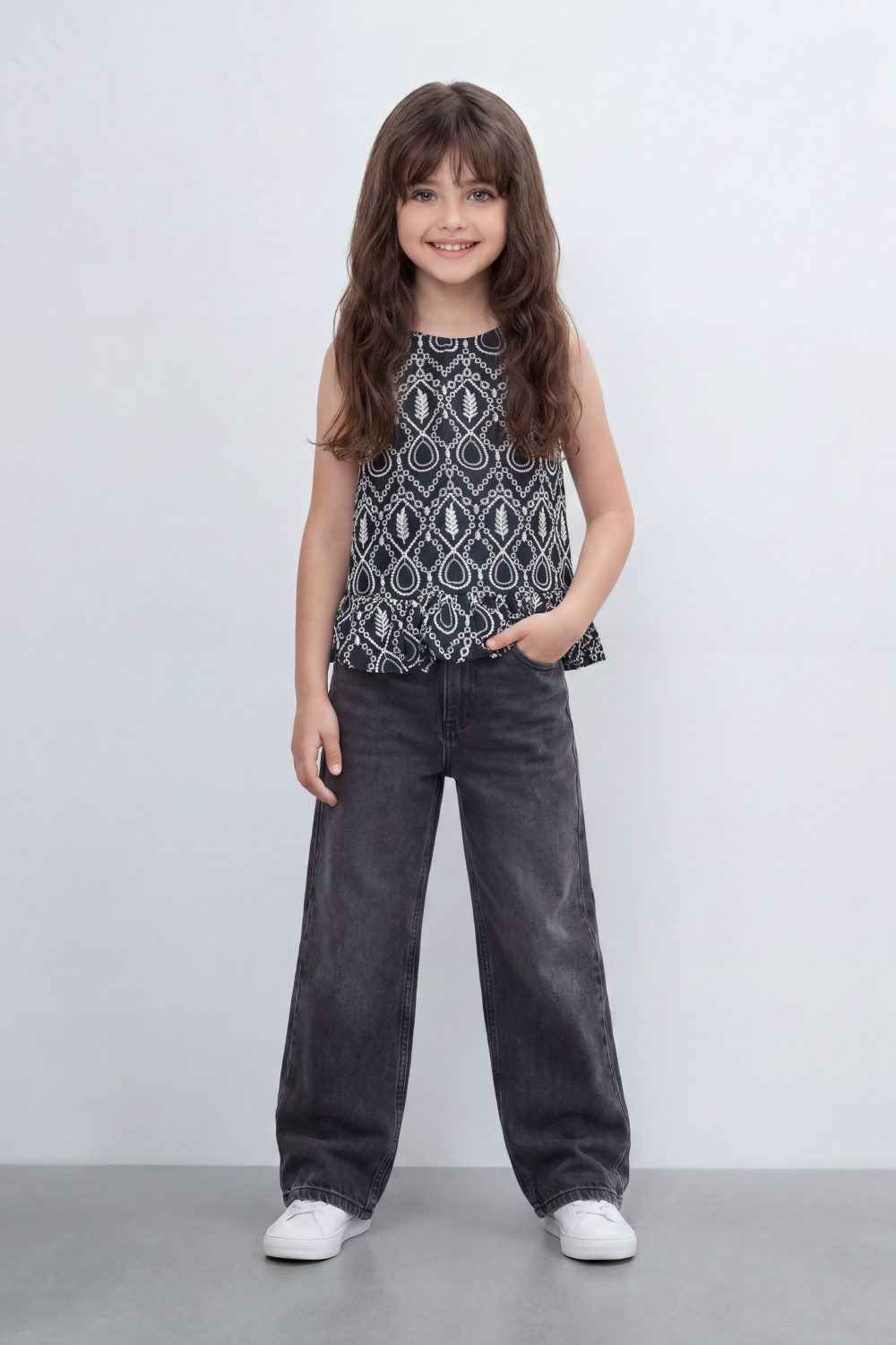 Girl's Tomato Store Boho Paisley Blouse Allover Raised Paisley Artwork Across Body Scalloped Hem Detail