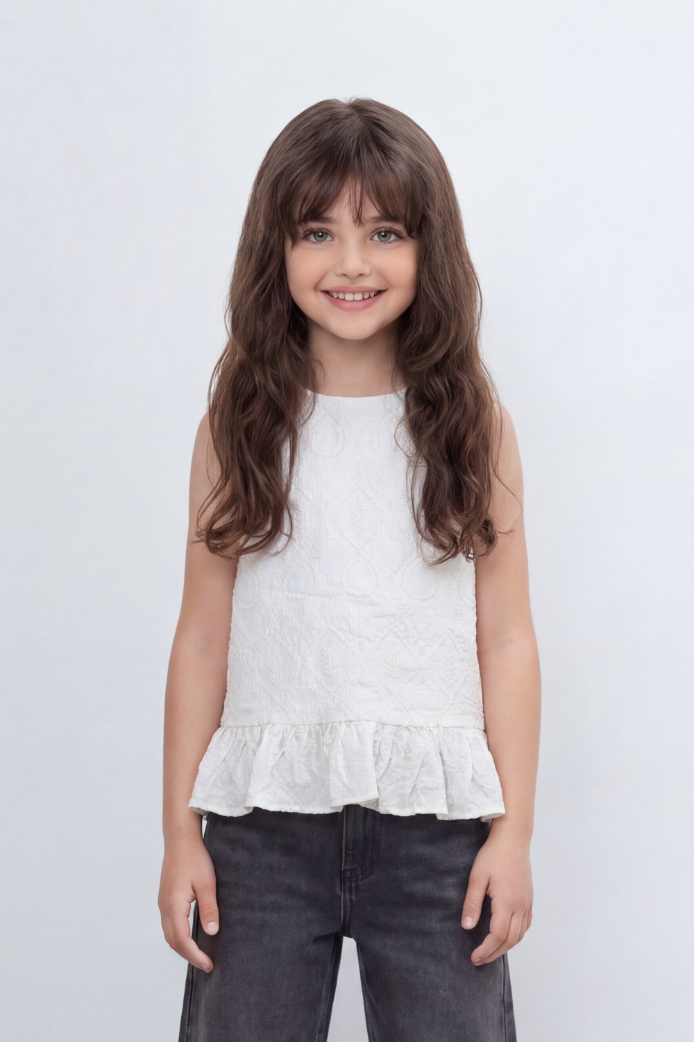 Girl's Tomato Store Boho Paisley Blouse Allover Raised Paisley Artwork Across Body Scalloped Hem Detail