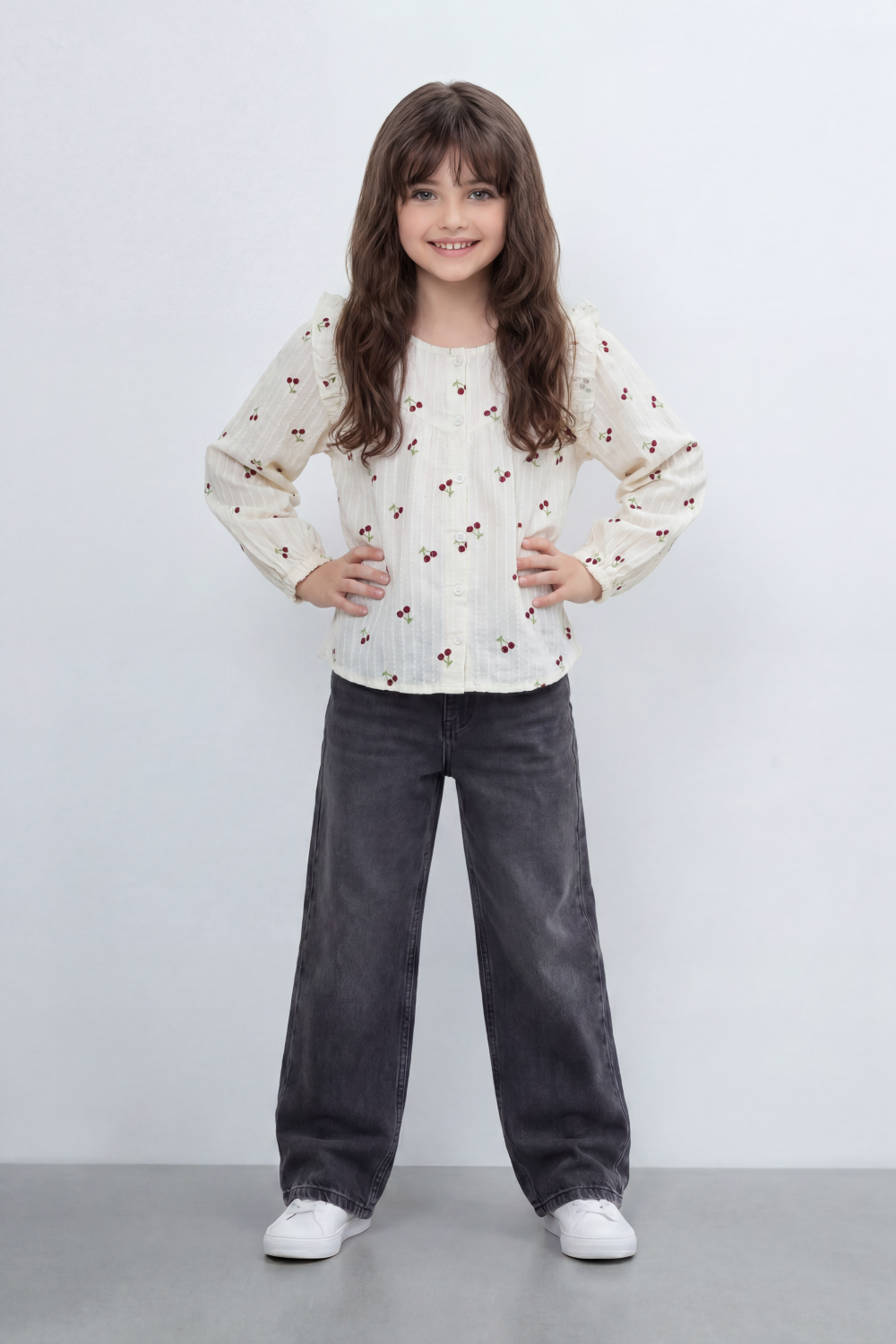 Girl's Tomato Store Blouse With Crinkle Stripe Woven Texture Allover Mini Cherry Print Front And Back Ruffle Shoulder Detail