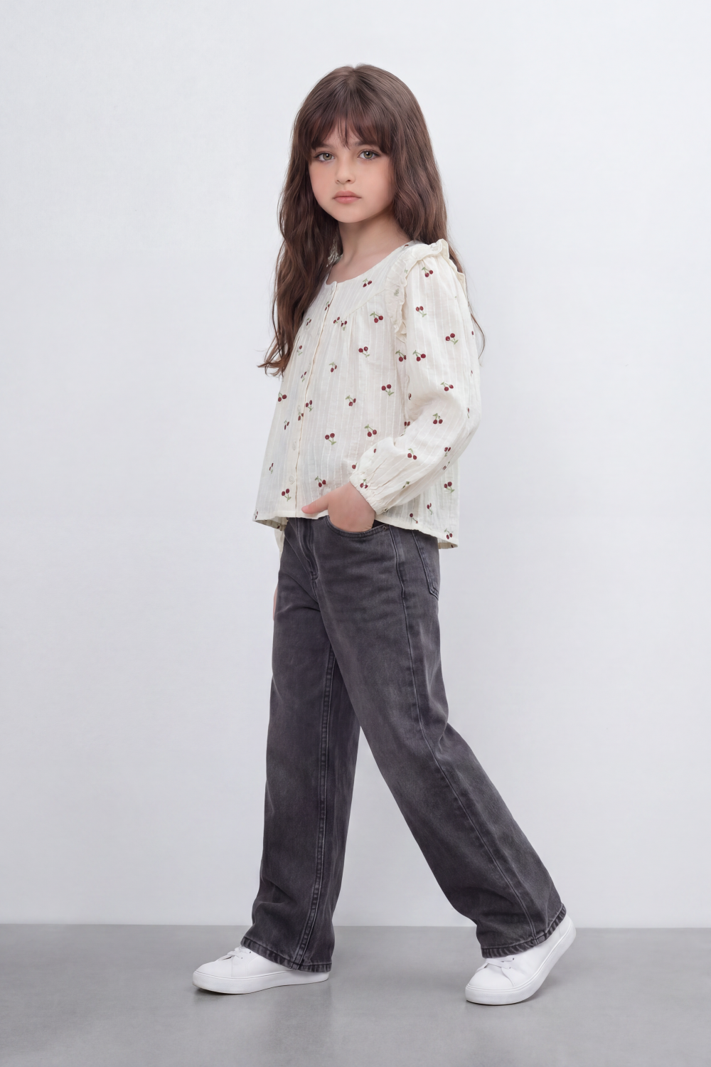 Girl's Tomato Store Blouse With Crinkle Stripe Woven Texture Allover Mini Cherry Print Front And Back Ruffle Shoulder Detail