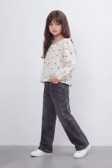 Girl's Tomato Store Blouse With Crinkle Stripe Woven Texture Allover Mini Cherry Print Front And Back Ruffle Shoulder Detail
