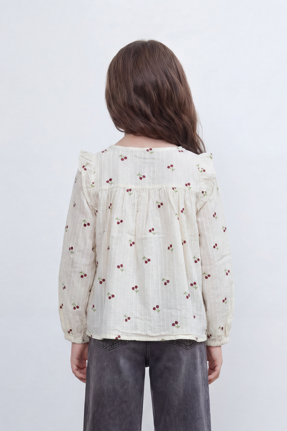 Girl's Tomato Store Blouse With Crinkle Stripe Woven Texture Allover Mini Cherry Print Front And Back Ruffle Shoulder Detail