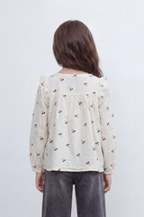 Girl's Tomato Store Blouse With Crinkle Stripe Woven Texture Allover Mini Cherry Print Front And Back Ruffle Shoulder Detail