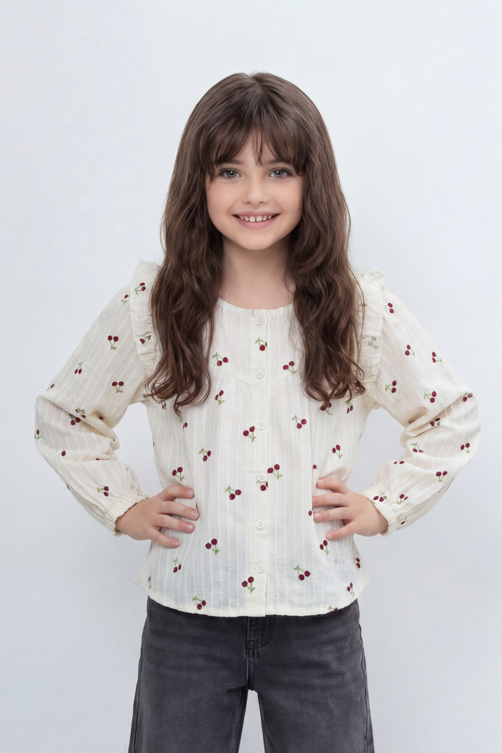 Girl's Tomato Store Blouse With Crinkle Stripe Woven Texture Allover Mini Cherry Print Front And Back Ruffle Shoulder Detail