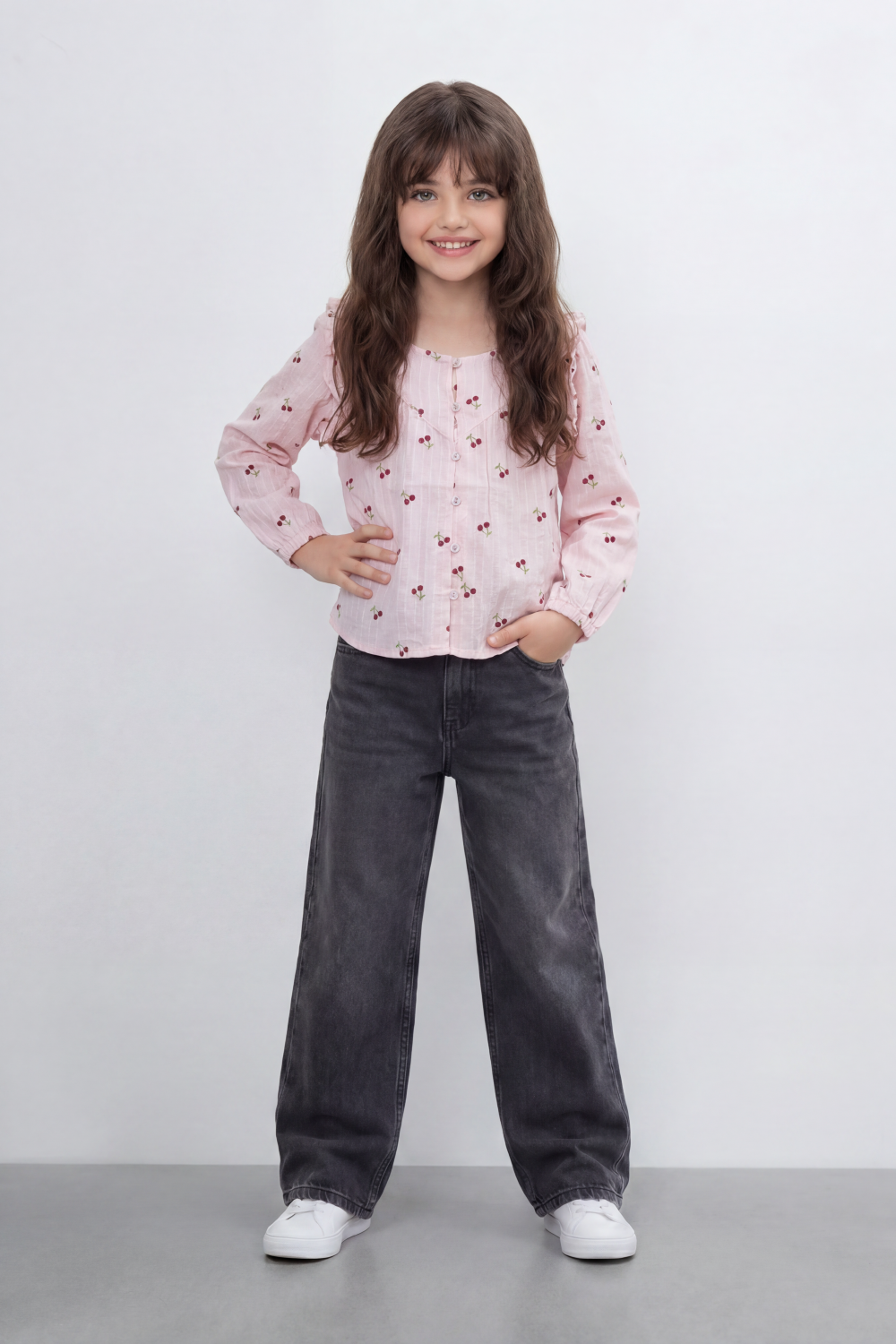 Girl's Tomato Store Blouse With Crinkle Stripe Woven Texture Allover Mini Cherry Print Front And Back Ruffle Shoulder Detail