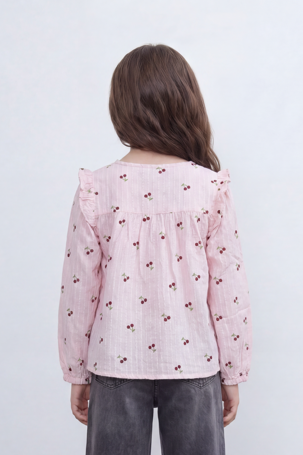 Girl's Tomato Store Blouse With Crinkle Stripe Woven Texture Allover Mini Cherry Print Front And Back Ruffle Shoulder Detail