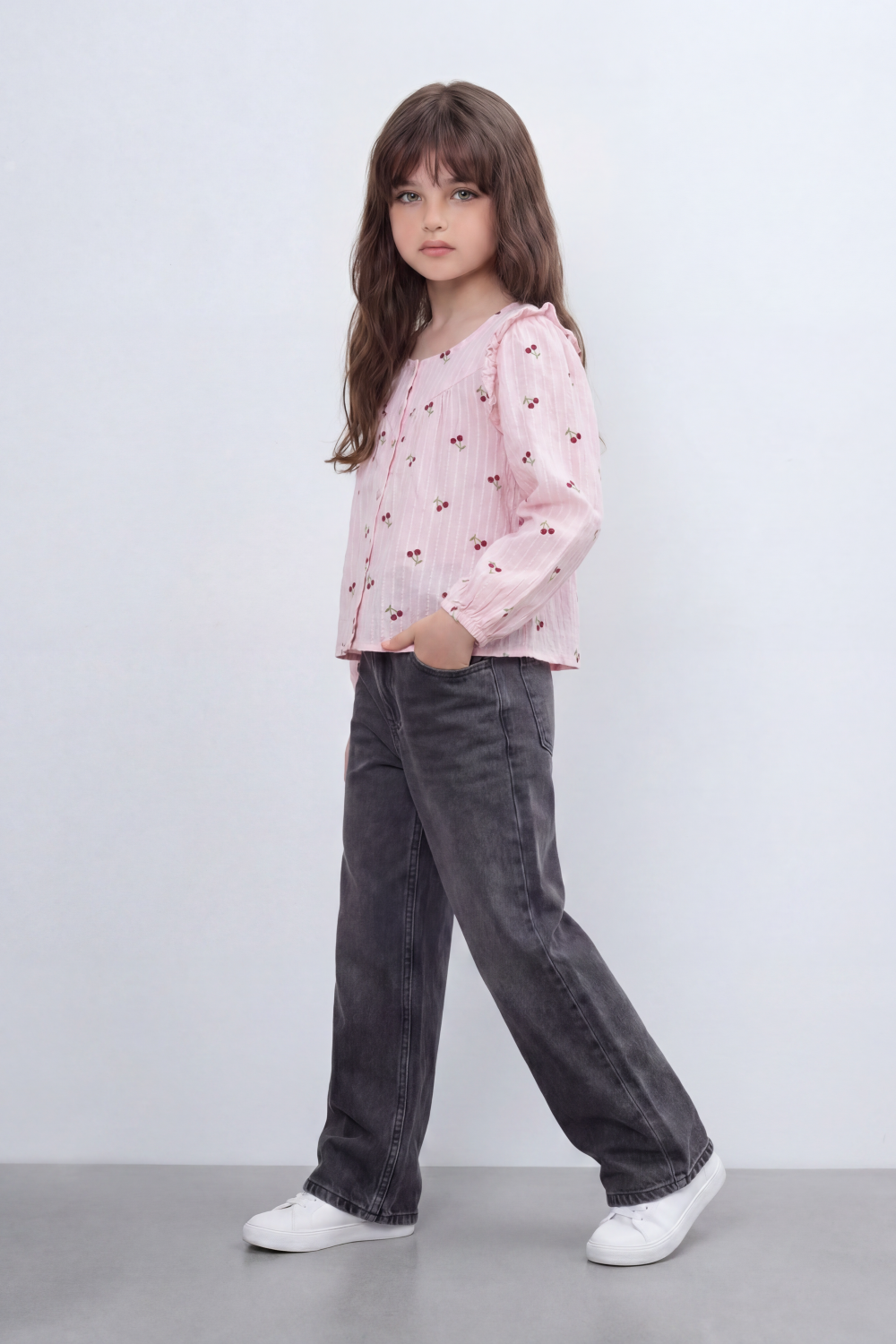 Girl's Tomato Store Blouse With Crinkle Stripe Woven Texture Allover Mini Cherry Print Front And Back Ruffle Shoulder Detail