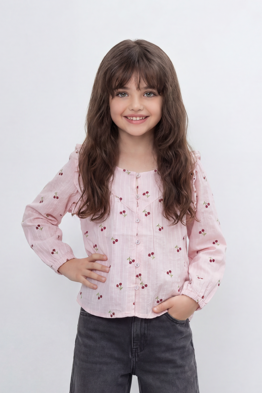 Girl's Tomato Store Blouse With Crinkle Stripe Woven Texture Allover Mini Cherry Print Front And Back Ruffle Shoulder Detail