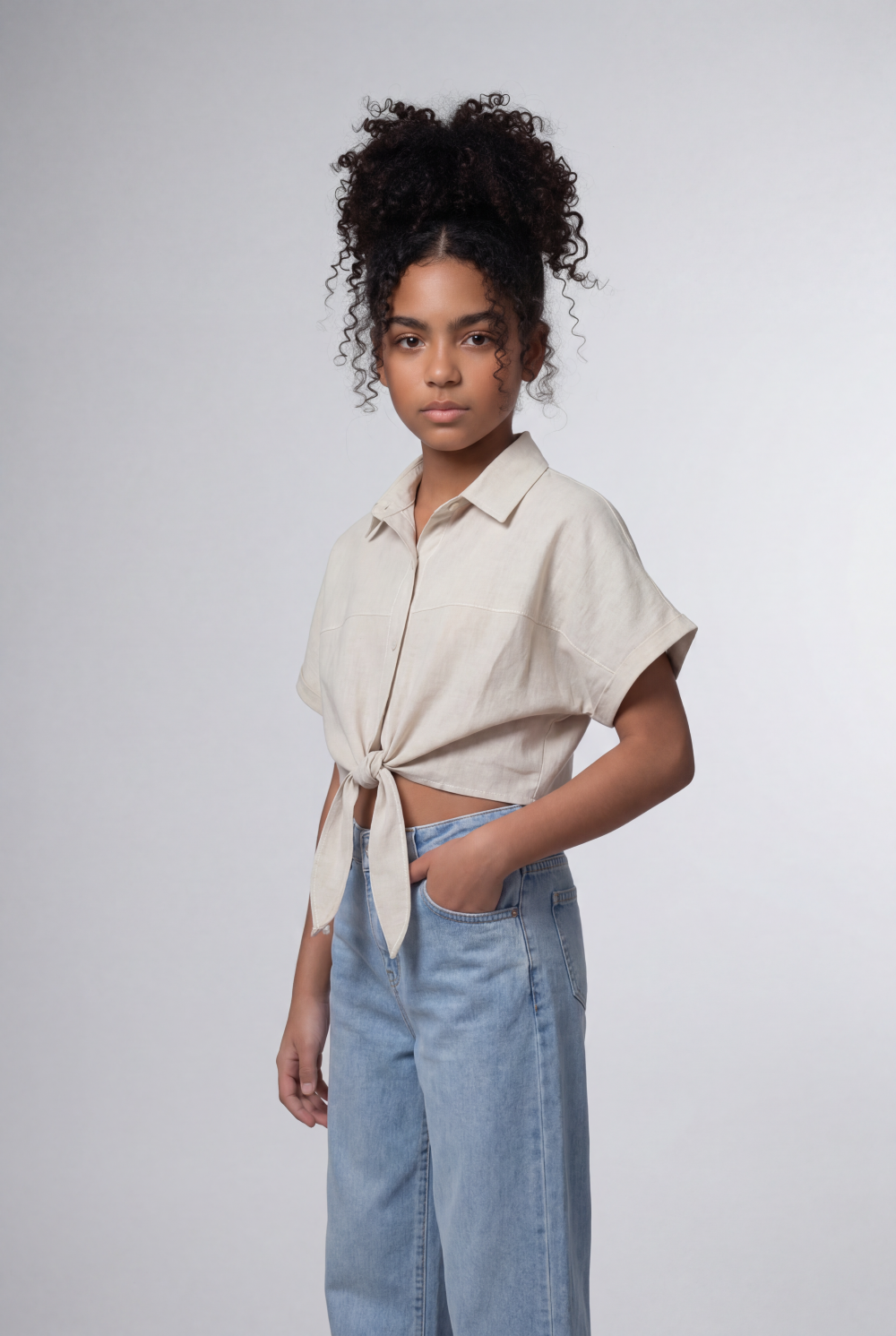 Girl's Tomato Store Tie Front Shirt Cropped Silhouette Button Down Design Rolled Sleeve Detail