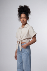 Girl's Tomato Store Tie Front Shirt Cropped Silhouette Button Down Design Rolled Sleeve Detail
