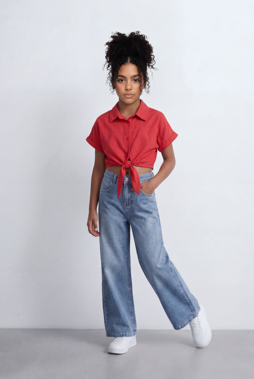 Girl's Tomato Store Tie Front Shirt Cropped Silhouette Button Down Design Rolled Sleeve Detail