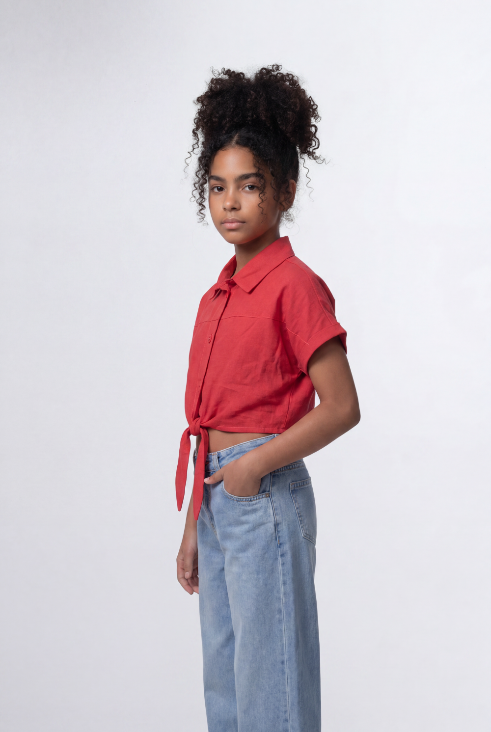 Girl's Tomato Store Tie Front Shirt Cropped Silhouette Button Down Design Rolled Sleeve Detail