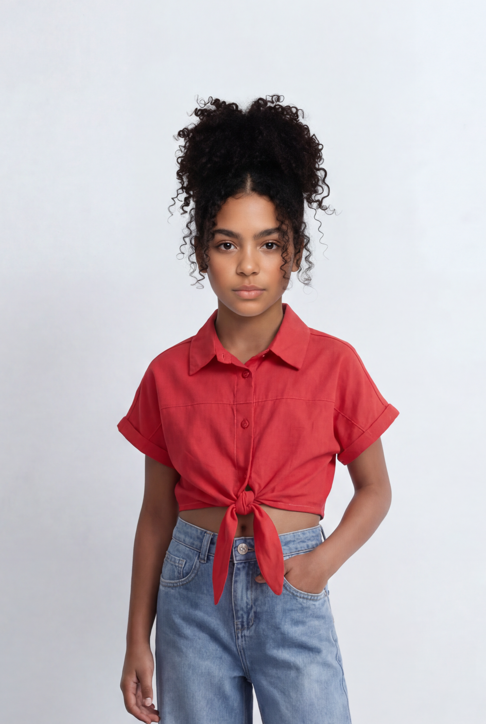 Girl's Tomato Store Tie Front Shirt Cropped Silhouette Button Down Design Rolled Sleeve Detail