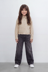 Girl's Tomato Store Prairie Frill Slim Fit Blouse Woven Texture Plain Solid Surface Gathered Frill Hem Side Tie Detail