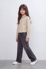 Girl's Tomato Store Prairie Frill Slim Fit Blouse Woven Texture Plain Solid Surface Gathered Frill Hem Side Tie Detail