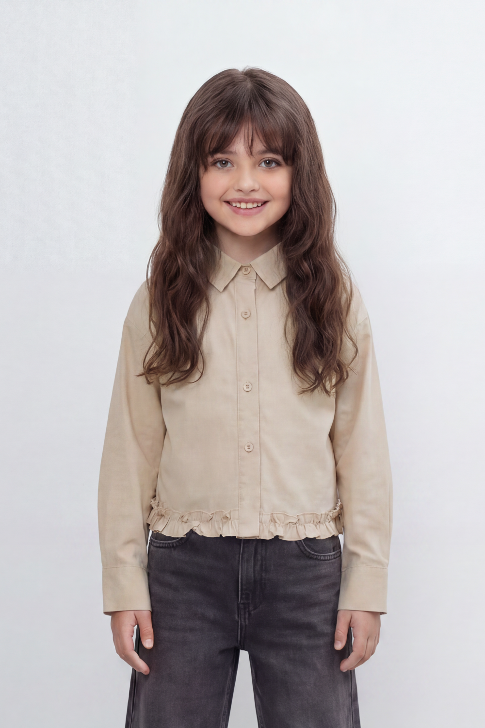 Girl's Tomato Store Prairie Frill Slim Fit Blouse Woven Texture Plain Solid Surface Gathered Frill Hem Side Tie Detail