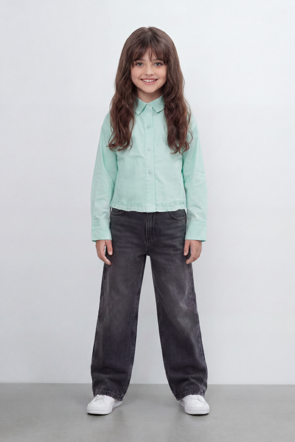 Girl's Tomato Store Prairie Frill Slim Fit Blouse Woven Texture Plain Solid Surface Gathered Frill Hem Side Tie Detail