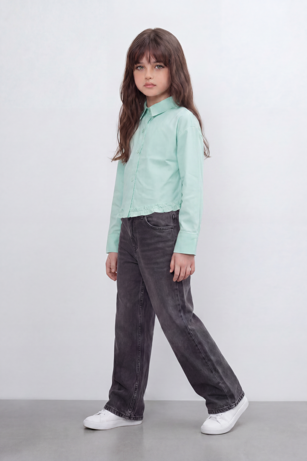 Girl's Tomato Store Prairie Frill Slim Fit Blouse Woven Texture Plain Solid Surface Gathered Frill Hem Side Tie Detail