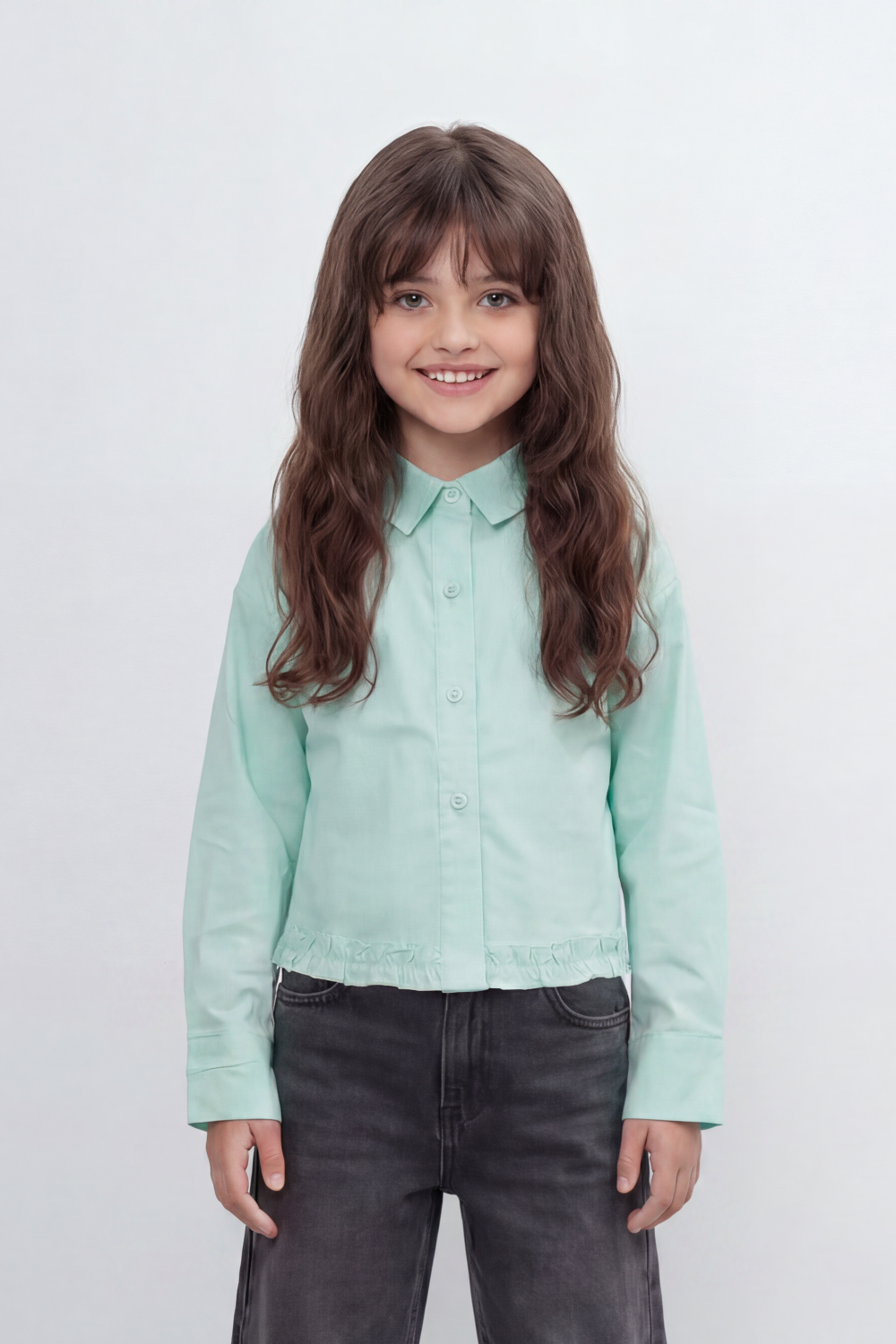 Girl's Tomato Store Prairie Frill Slim Fit Blouse Woven Texture Plain Solid Surface Gathered Frill Hem Side Tie Detail
