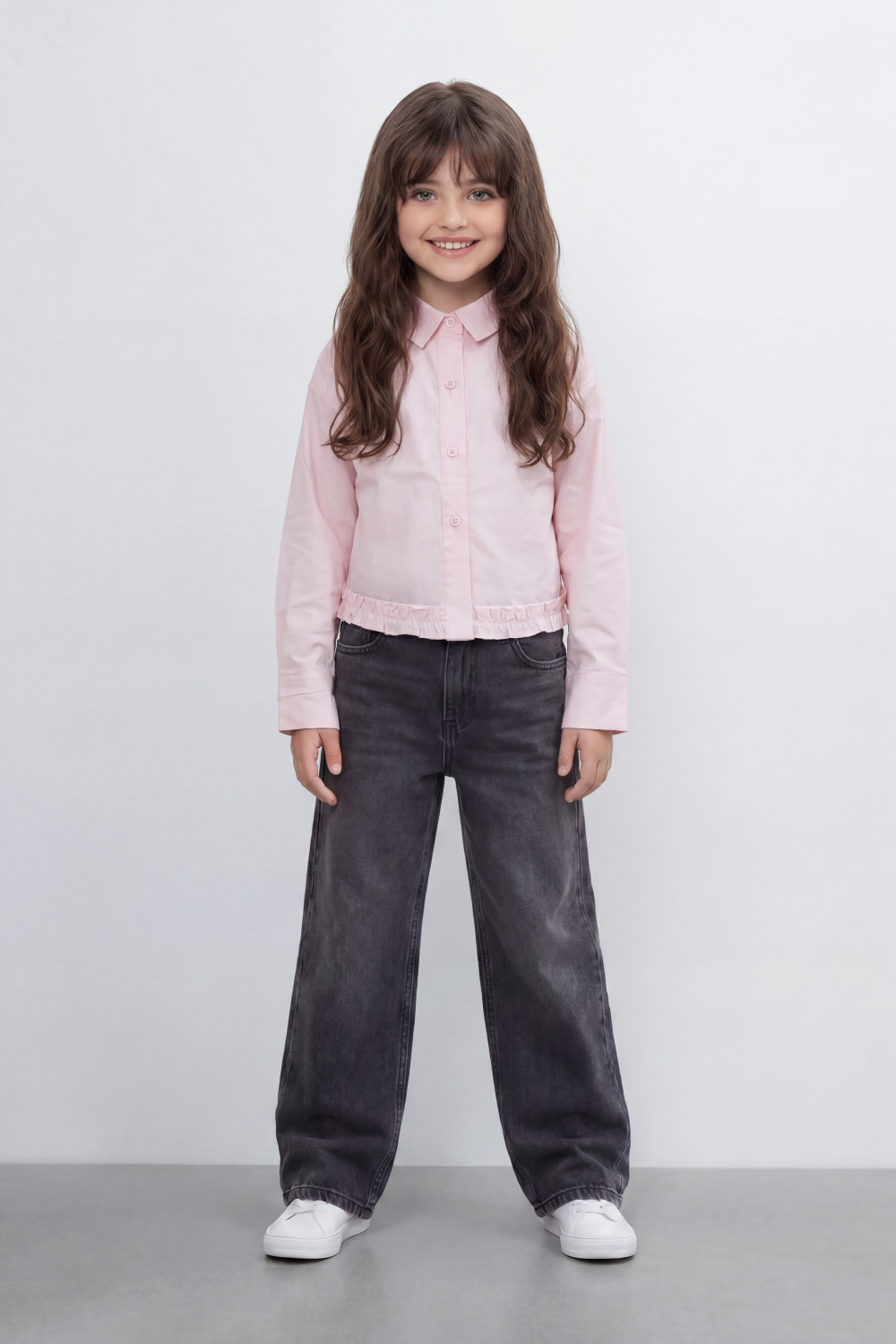 Girl's Tomato Store Prairie Frill Slim Fit Blouse Woven Texture Plain Solid Surface Gathered Frill Hem Side Tie Detail