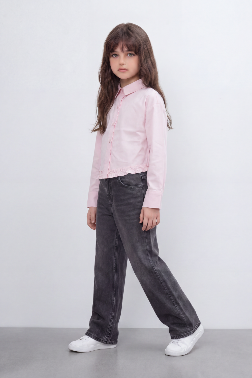 Girl's Tomato Store Prairie Frill Slim Fit Blouse Woven Texture Plain Solid Surface Gathered Frill Hem Side Tie Detail