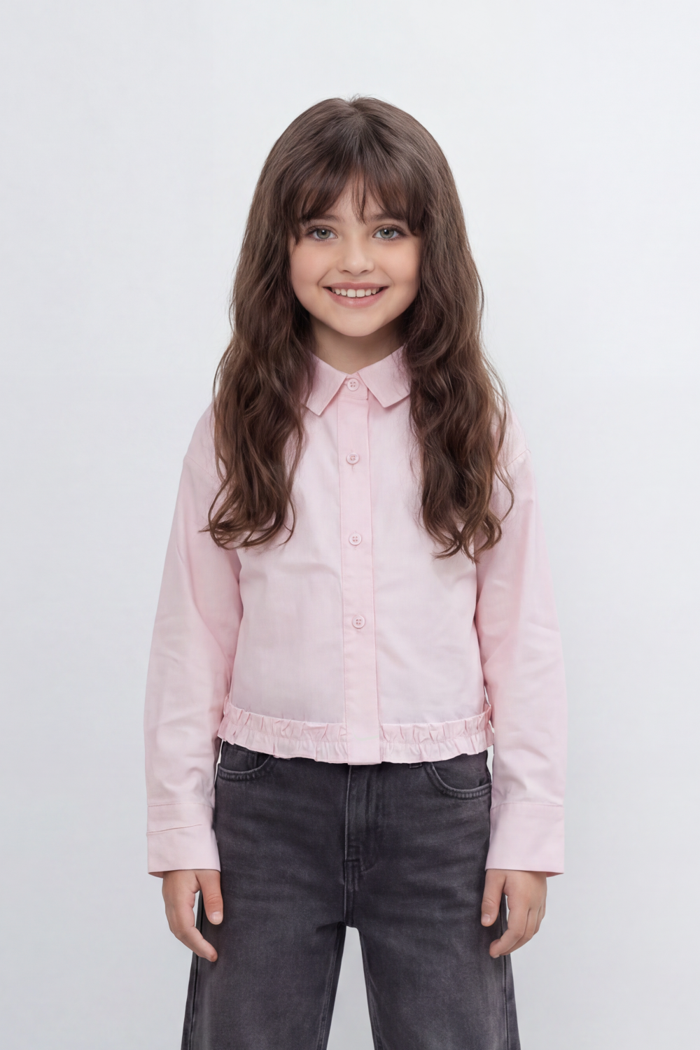 Girl's Tomato Store Prairie Frill Slim Fit Blouse Woven Texture Plain Solid Surface Gathered Frill Hem Side Tie Detail