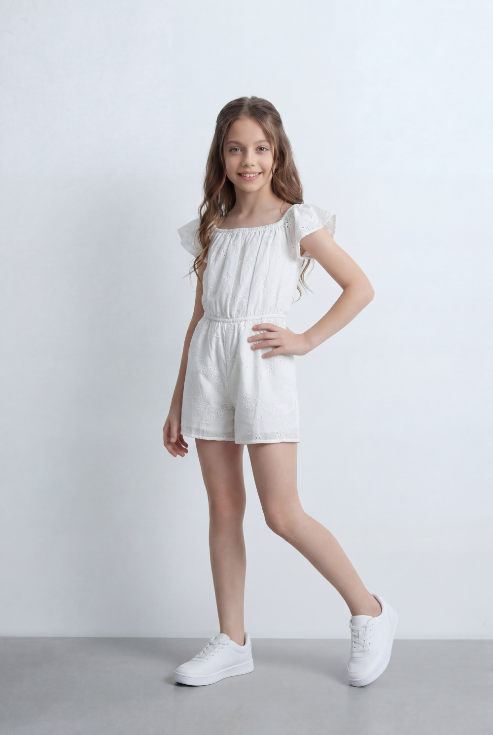 Girl's Tomato Store Broderie Romper Embroidered Eyelet Fabric Flutter Sleeve Detail Jumpsuit