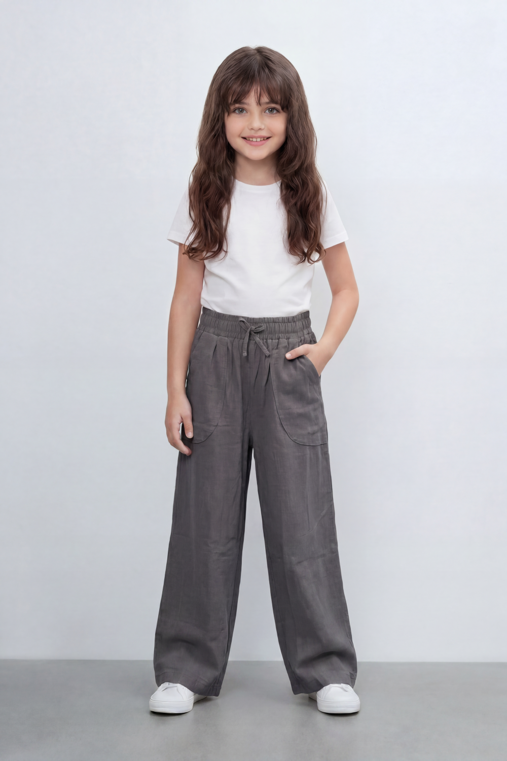 Girl's Tomato Store Easy Terrain Wide Leg Pants With Linen Look Slub Texture Soft Garment Washed Surface Curved Pocket Detail
