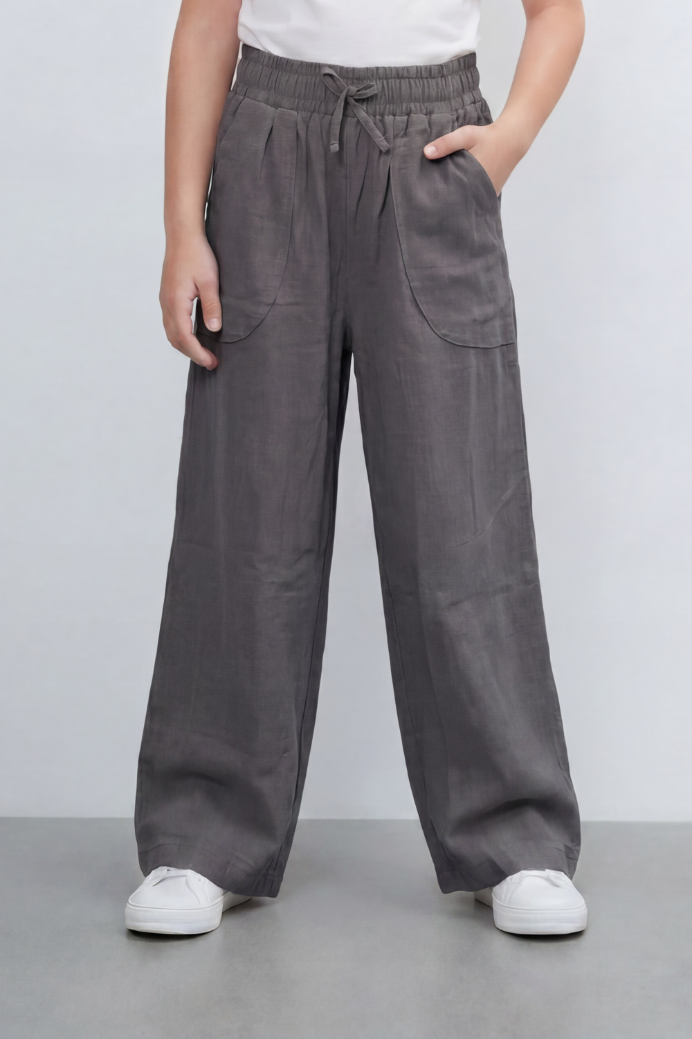 Girl's Tomato Store Easy Terrain Wide Leg Pants With Linen Look Slub Texture Soft Garment Washed Surface Curved Pocket Detail
