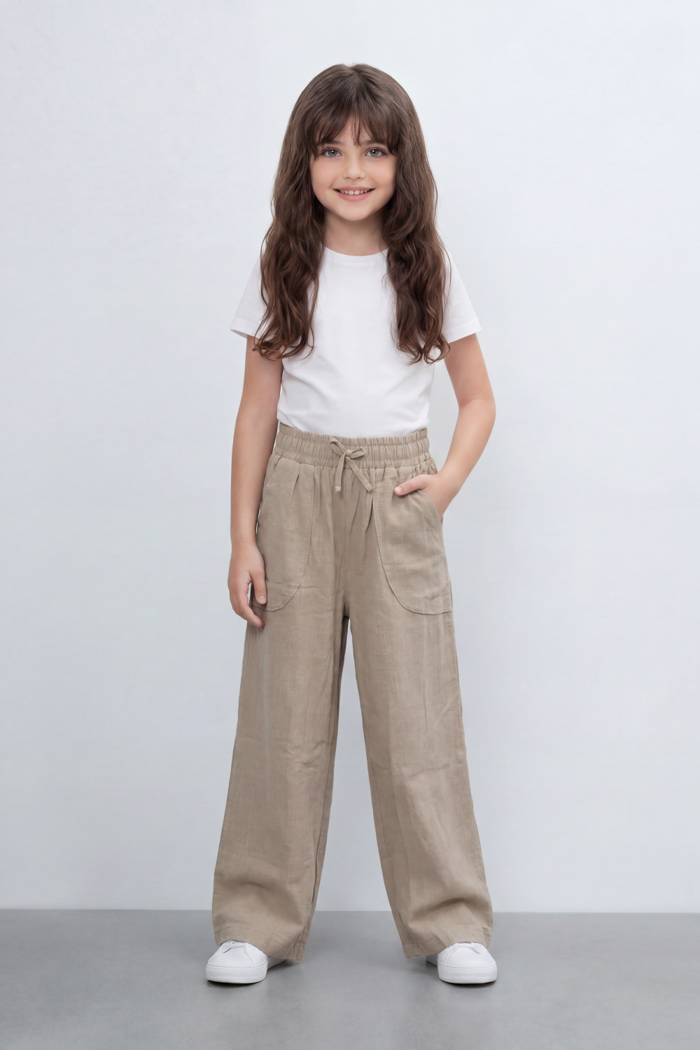 Girl's Tomato Store Easy Terrain Wide Leg Pants With Linen Look Slub Texture Soft Garment Washed Surface Curved Pocket Detail