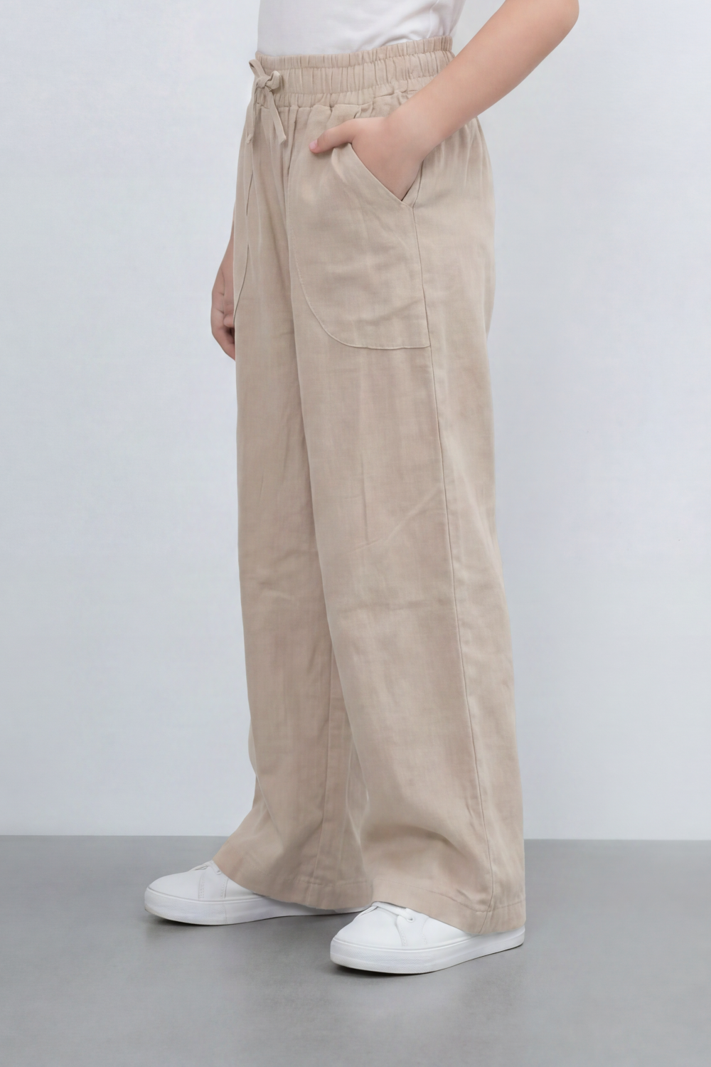 Girl's Tomato Store Easy Terrain Wide Leg Pants With Linen Look Slub Texture Soft Garment Washed Surface Curved Pocket Detail