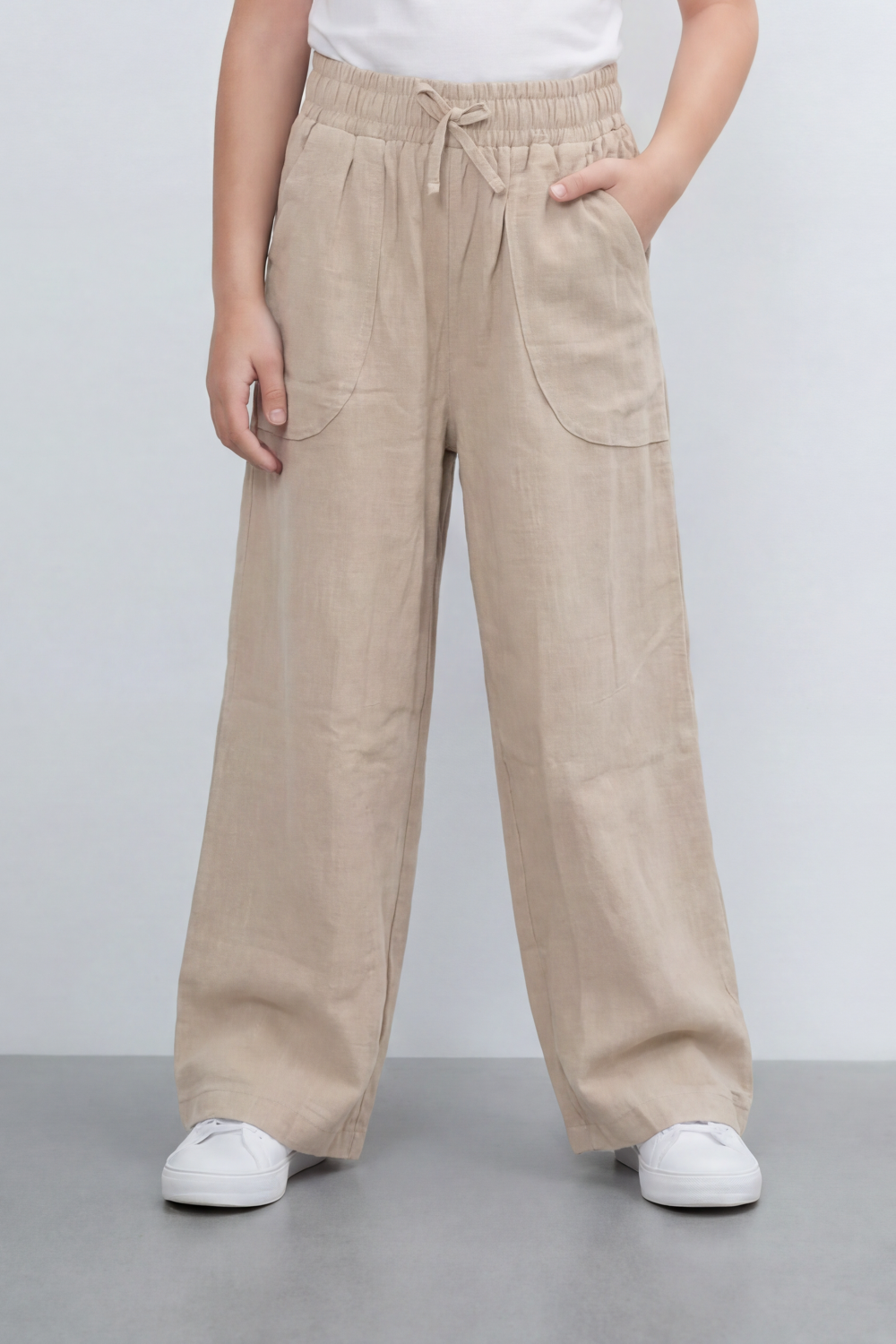 Girl's Tomato Store Easy Terrain Wide Leg Pants With Linen Look Slub Texture Soft Garment Washed Surface Curved Pocket Detail