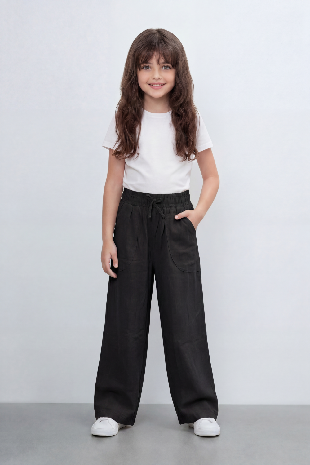 Girl's Tomato Store Easy Terrain Wide Leg Pants With Linen Look Slub Texture Soft Garment Washed Surface Curved Pocket Detail