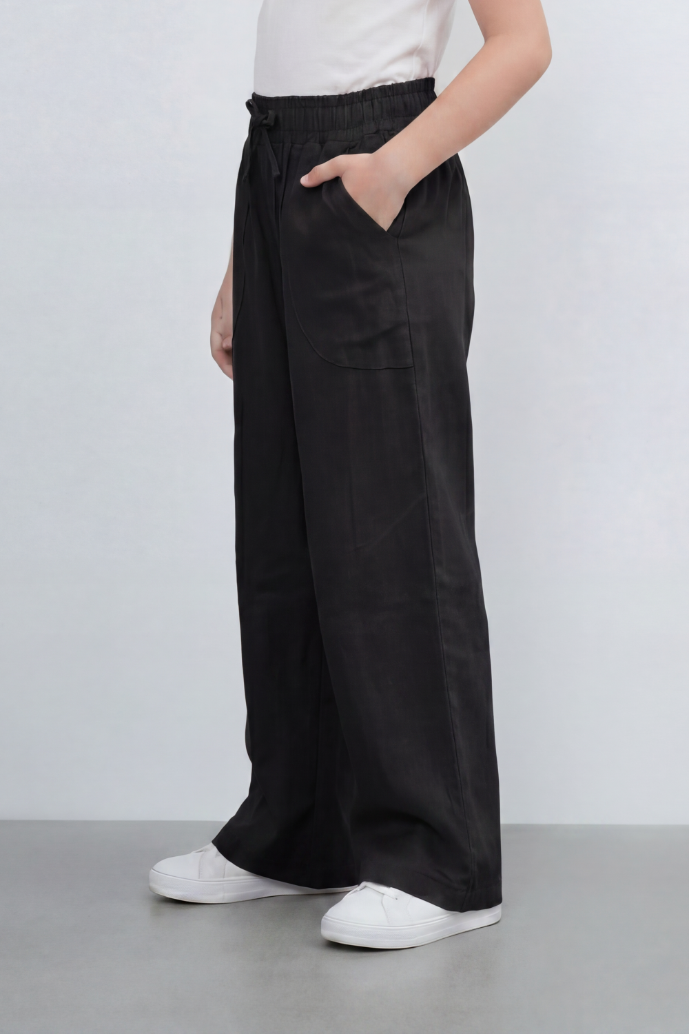 Girl's Tomato Store Easy Terrain Wide Leg Pants With Linen Look Slub Texture Soft Garment Washed Surface Curved Pocket Detail