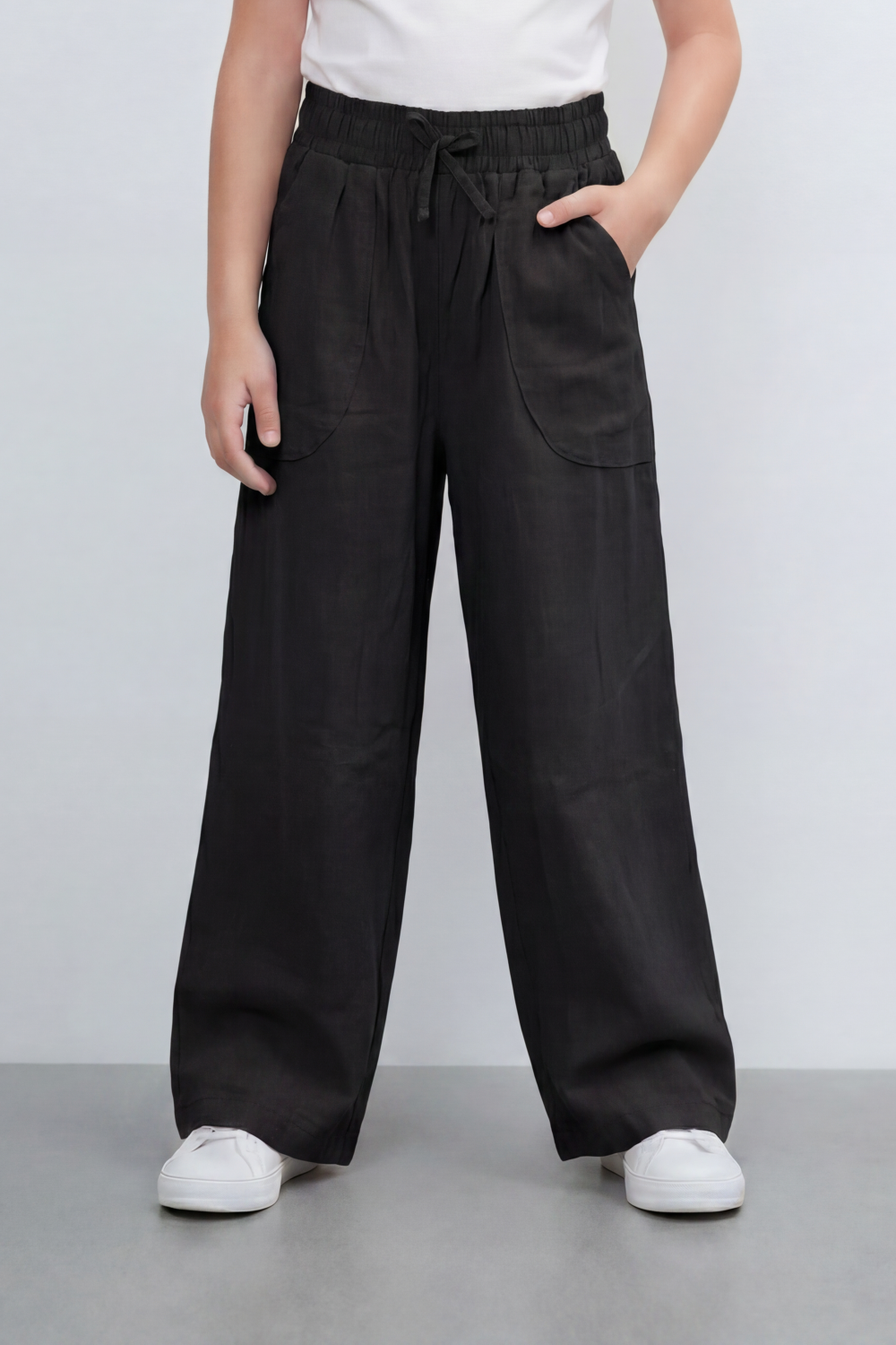 Girl's Tomato Store Easy Terrain Wide Leg Pants With Linen Look Slub Texture Soft Garment Washed Surface Curved Pocket Detail
