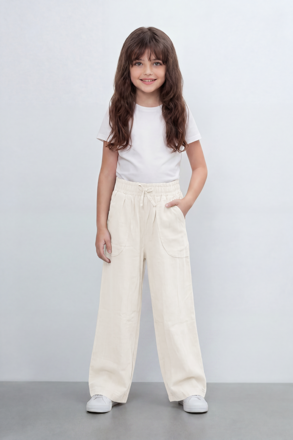 Girl's Tomato Store Easy Terrain Wide Leg Pants With Linen Look Slub Texture Soft Garment Washed Surface Curved Pocket Detail