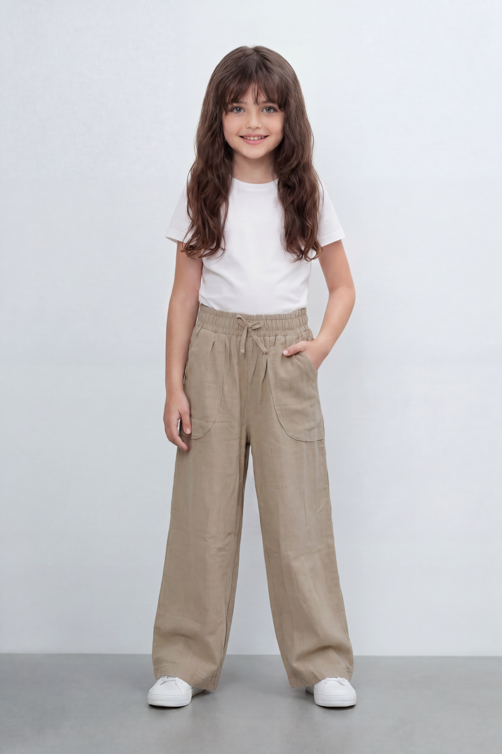 Girl's Tomato Store Easy Terrain Wide Leg Pants With Linen Look Slub Texture Soft Garment Washed Surface Curved Pocket Detail