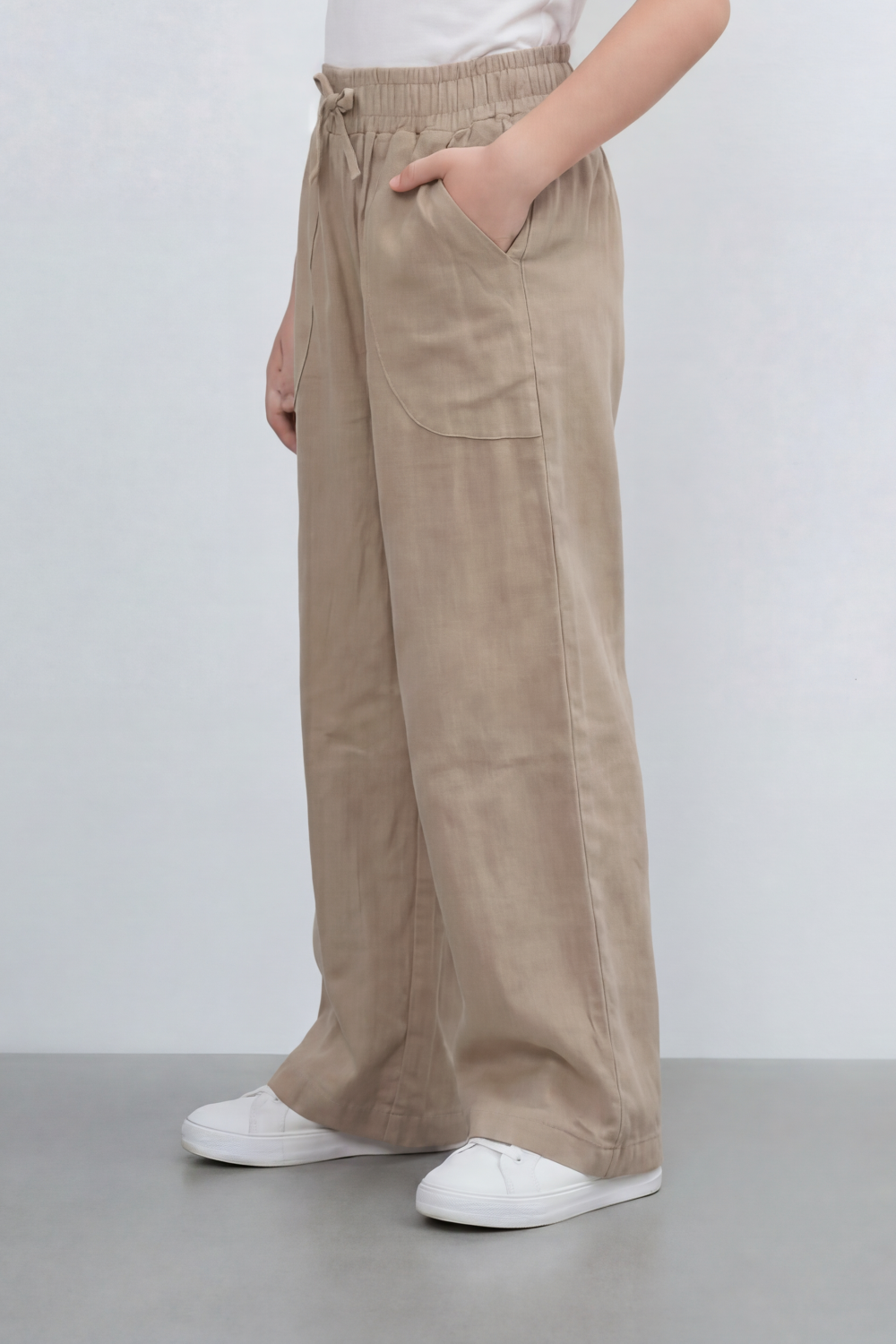 Girl's Tomato Store Easy Terrain Wide Leg Pants With Linen Look Slub Texture Soft Garment Washed Surface Curved Pocket Detail