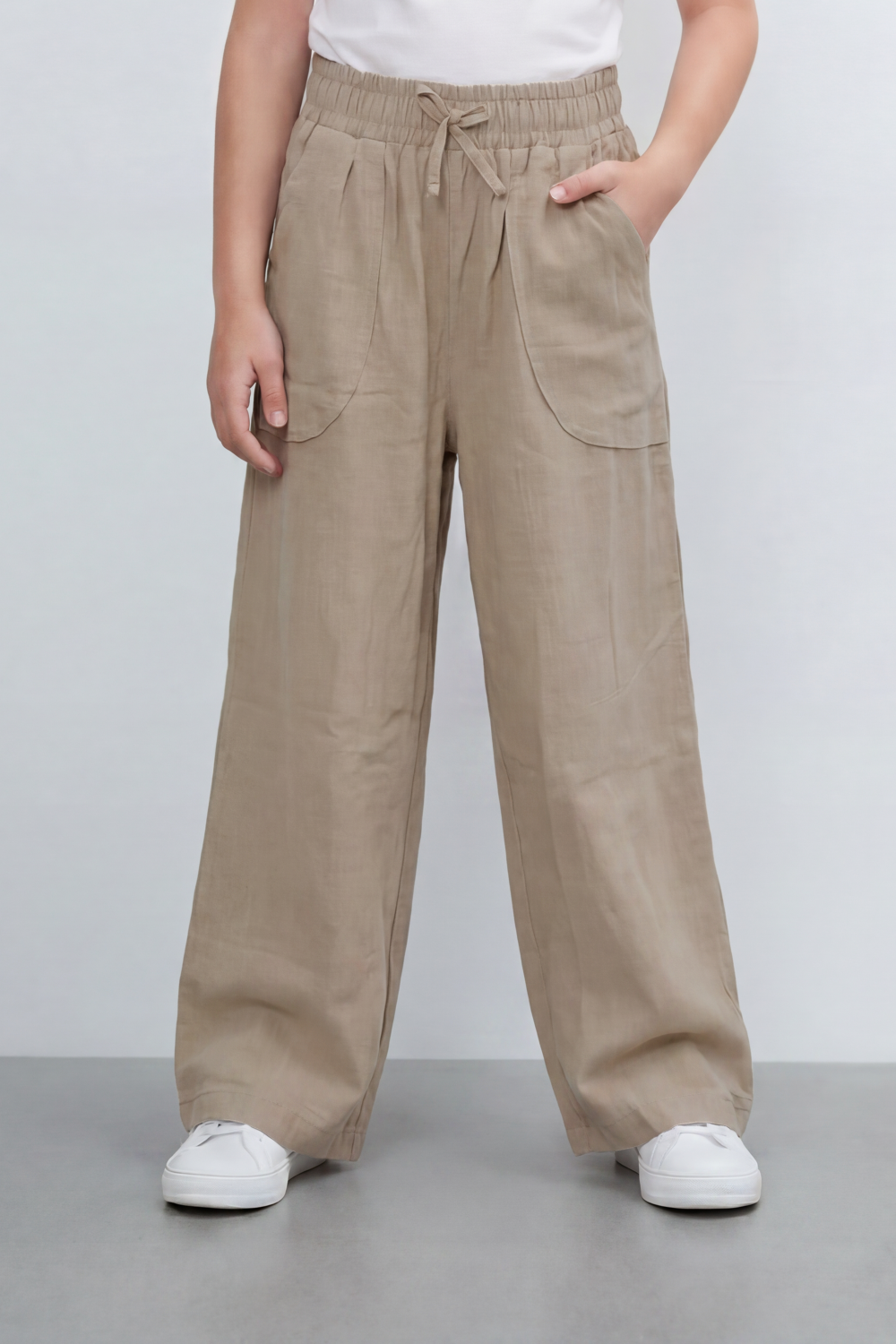 Girl's Tomato Store Easy Terrain Wide Leg Pants With Linen Look Slub Texture Soft Garment Washed Surface Curved Pocket Detail