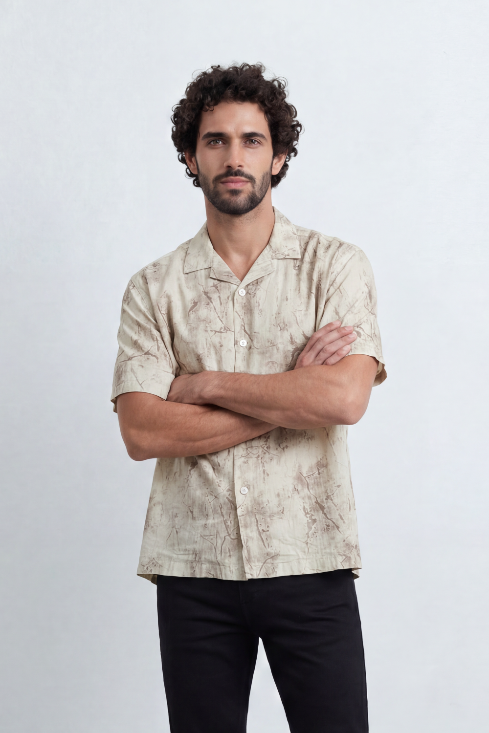 Men’s Tomato Store Cloud Sketch Resort Shirt Faded Botanical Wash Print Moves Across Crinkle Grain