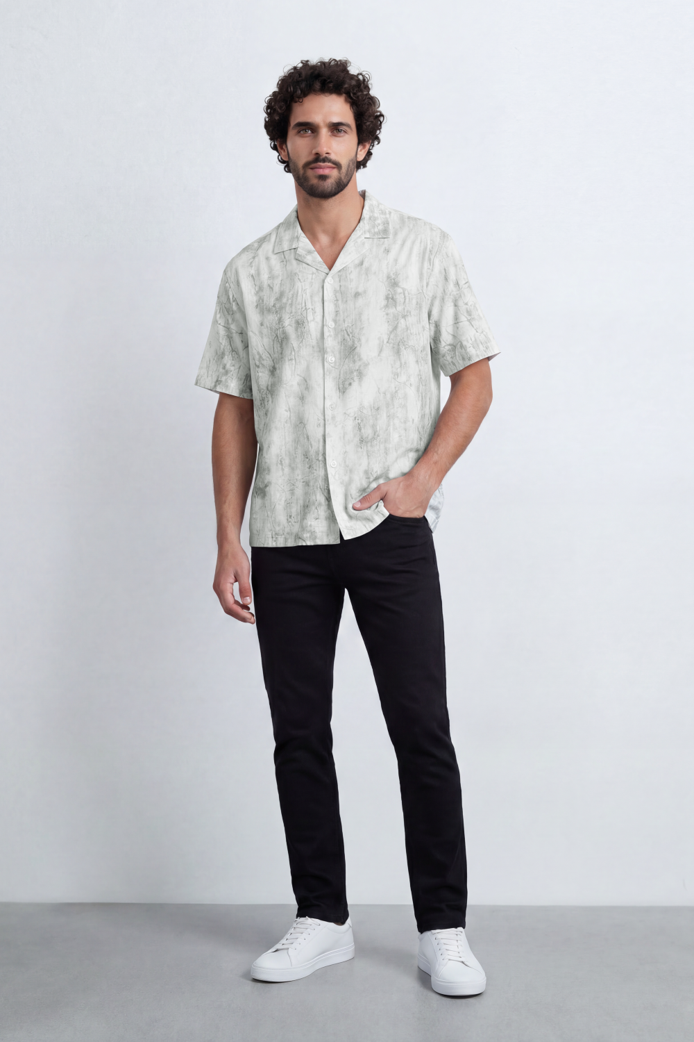 Men’s Tomato Store Cloud Sketch Resort Shirt Faded Botanical Wash Print Moves Across Crinkle Grain