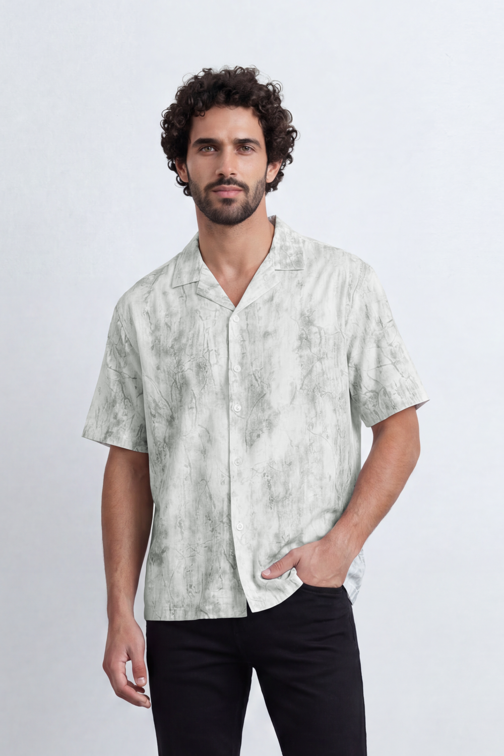 Men’s Tomato Store Cloud Sketch Resort Shirt Faded Botanical Wash Print Moves Across Crinkle Grain