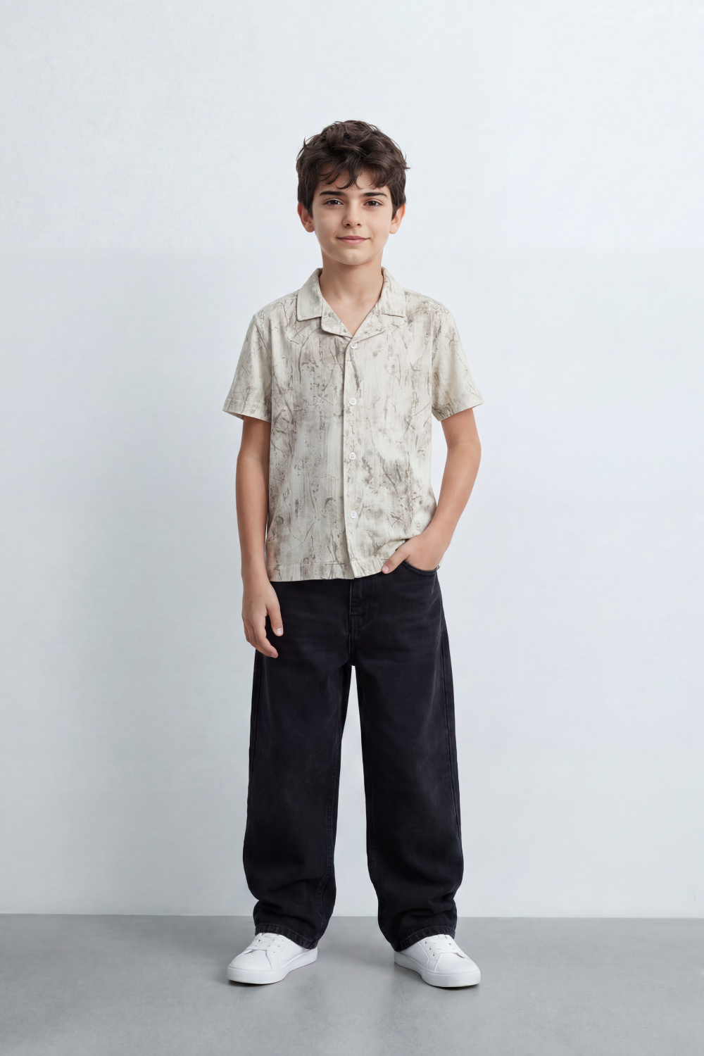 Boy's Tomato Store Cloud Sketch Resort Shirt Faded Botanical Wash Print Moves Across Crinkle Grain